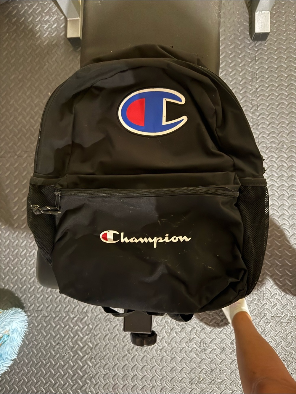 Champion Black Backpack with Blue and Red Logo